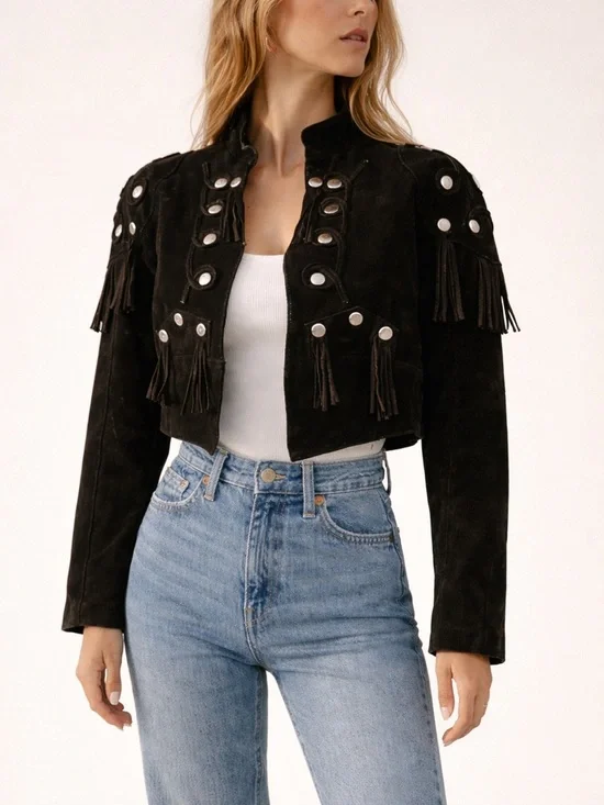 Vintage Suede Fringe Jacket Black Studded Cropped Indie Rock Revival S/M - Picture 2 of 9